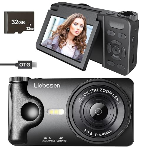 4K Digital Camera 64MP Autofocus 3.0'' 180° Flip Screen Portable for Photo & Vlog Featuring Time Lapse & Slow Motion & 20 Filters 32GB 2000mAh Ideal for Social Media Creators Beginner&Childen