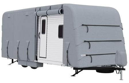 Abdeckplane Wohnwagen Wohnwagensplane mit 4-Schicht-Technologie, Wasserdicht, Atmungsaktiv, UV-Beständig und mit stabilen Windschutzgurten für Reisemobile Aller Größen