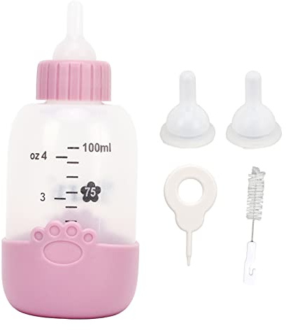 Pet Nursing Bottle Universal Pattern Silicone Pet Milk Feeding Bottle Kit with Brush Needle and 3 Nipples for Puppy Cat Kitten Hamster Rabbit 100ml (Pink)