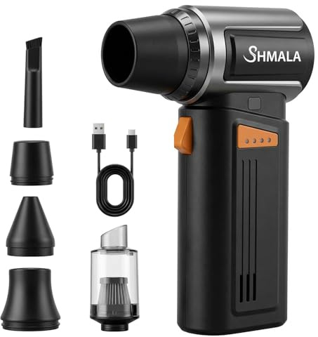SHMALA 150000RPM 2-in-1 Electric Air Duster & Mini Vacuum, Cordless Compressed Air Blower with 4-Speed MAX Turbo, Type-C Fast Charging, 4 Nozzles for PC Keyboard Car Home Cleaning