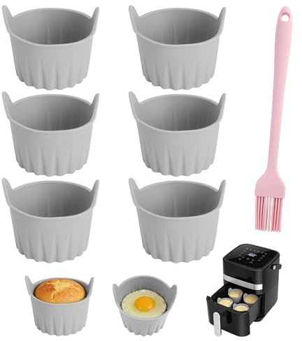 LOLANIUT 6 Piezas molde silicona freidora de aire con asas y pincel, molde reutilizable para magdalenas, huevos, budín y postres, antiadherente, apto para lavavajillas y uso diario