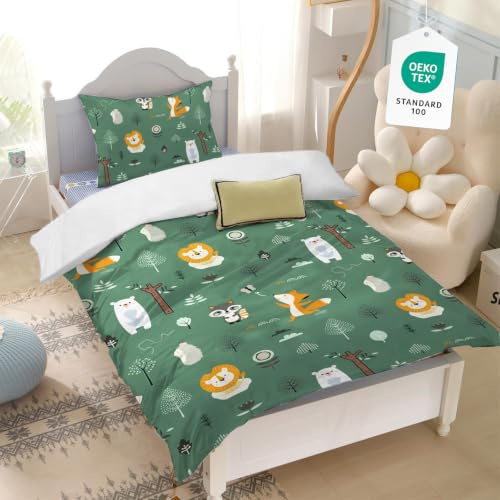 Yasida KinderBettwäSche Tiere BettwäSche 100x135 Kinder MäDchen 2-Teilig Mikrofaser BettwäSche-Set 1 Bettbezug 100x135 + 1 Kissenbezug 40x60cm Dekor FüR Kinderzimmer Einzelbett,Grün
