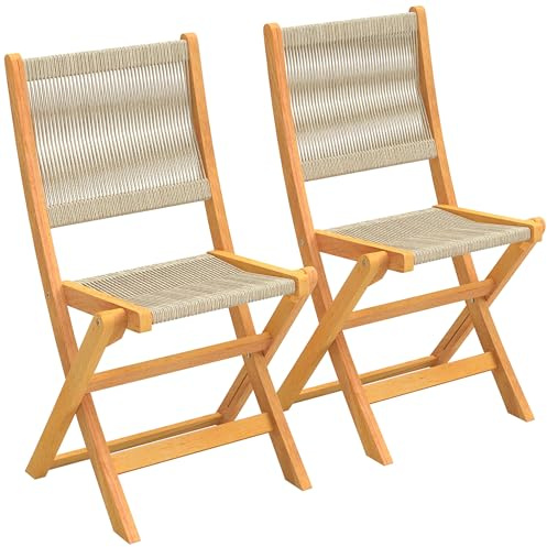 Outsunny Lot de 2 Chaises de Jardin Pliantes Extérieur en Bois d'Acacia FSC | Dossier et Assise en Corde Tressée, Gain de Place, Aucun Assemblage Requis, Charge 160 kg, Naturel et Beige