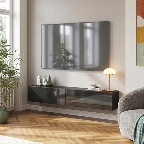 [en.casa] TV Lowboard hängend Evaton Hängeboard mit 2 Schranktüren Fernsehschrank schwebend Wohnzimmer 180 x 32 x 30 cm Schwarz Hochglanz