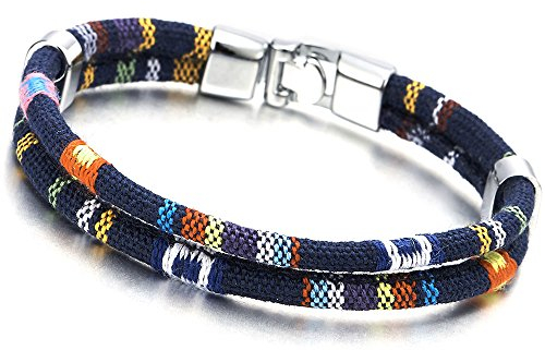 COOLSTEELANDBEYOND Zwei Strang Navy Blau Tribal Tibetische Handarbeit Baumwolle Armband für Herren Jungen Damen Wickeln Schweißband