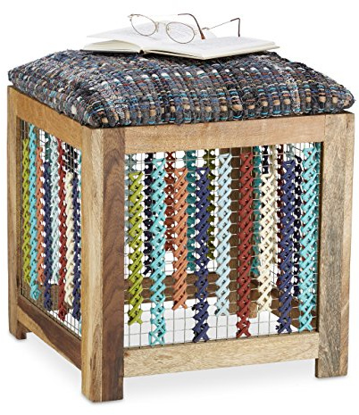 Relaxdays Hocker Holz, handgefertigter Fußhocker, gemusterter Sitzwürfel für Kinder, HxBxT: 47 x 41 x 42 cm, natur/bunt