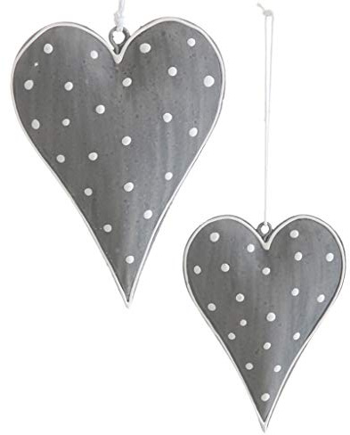 Frühlingsdeko Metallherz dunkelgrau Herzen Herzanhänger Metall Dekoherz Dekoration Vintage Shabby Chic 2er Set weiß gepunktet AD68377