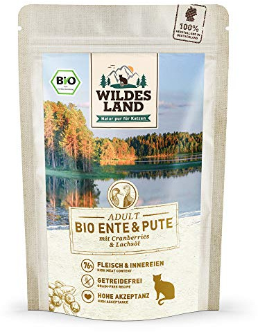 WILDES LAND – Ente & Pute | Nassfutter mit extra hohem Fleischanteil und natürlichen Zutaten für ausgewachsene Katzen. Getreidefreies Alleinfutter ohne Zusatzstoffe in der Dose | 48x85g Ente & Pute