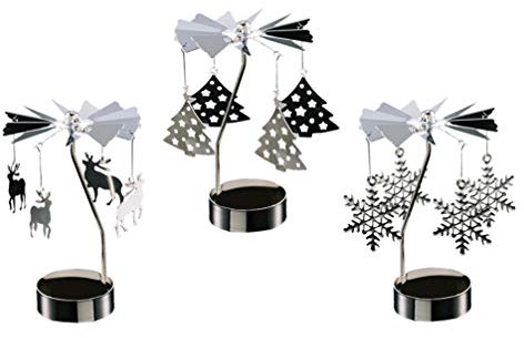 SOLUSTRE 3pcs Christmas Rotating Candlestick Carousel Snowflake Reindeer Xmas Tree Tea Light Candle Holder Metal Desktop Ornament For Xmas Wedding Event Fireplace Decor