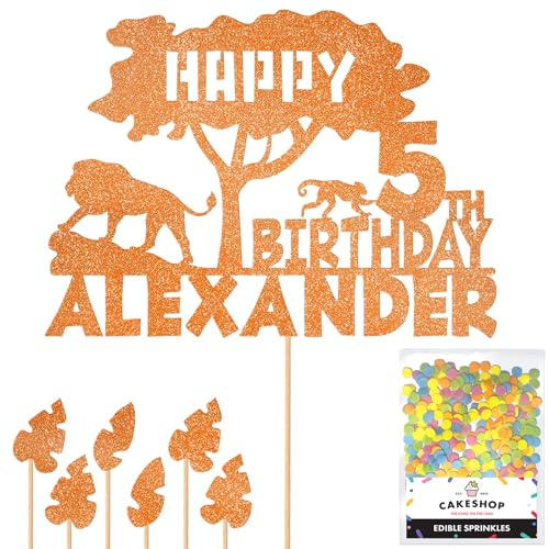 Personalised Birthday Jungle Themed Glitter Cake Topper- Orange Any Custom Age & Name Glitter Cake Decoration and Sprinkles - Happy Birthday Decorations - Personalised Toppers for Cakes by Cakeshop