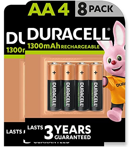 Duracell AA Rechargeable Batteries (Pack of 8), 1300 mAh NiMH, 2000 cycles, pre-charged, Long Lasting Power with a 0% plastic 100% recyclable packaging