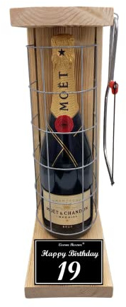 Moet Geschenkverpackung Geschenkset 19 Geburtstag Mann und Frau - Moet Eiserne Reserve Gitterkäfig incl. Notsäge Text s/w 19 Happy Birthday Champagner (1 x 0.75 l)