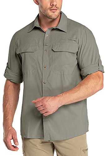 Outdoor Ventures Camisa de manga larga para hombre, camisa funcional para exteriores, de secado rápido, informal, transpirable, Color gris., XL