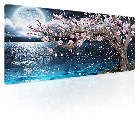 Grand tapis de souris pour gaming motif sakura fleurs de cerisier, magnolia, océan, lune, nuit, avec dos antidérapant en caoutchouc et bords cousus, taille XL, 80 x 30 cm