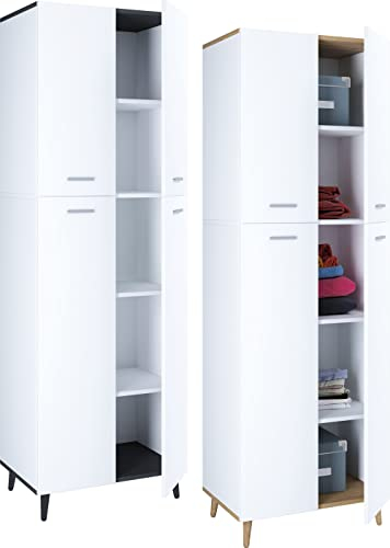 VCM Holz Besenschrank | 5 Fächer | Maße: H. 240 x B. 70 x T. 39 cm | 4 DRehtüren | Mehrzweckschrank | - Landos Weiß/Honig-Eiche