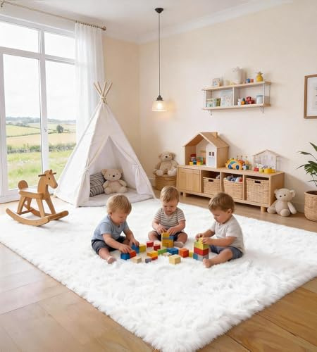 VOFUSHON Alfombra Salón 120 X 160 CM Blanco Tapete Pelo Largo Carpet Lavable Antideslizante para Dormitorio