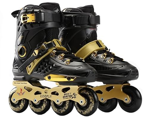 MHXZKHL Inline Skate Rollschuh für Kinder Erwachsene, Rollschuhe 4 Rad Räder Single Row für Frauen und Männer, Schuhe Skate Professionell Inline Speed Skating Schuhe(43,Black+Golden)