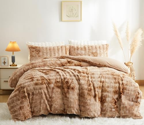 Sedefen Winter Bettwäsche 135x200cm 2tlg Braun Gestreift Flauschig Plüsch Bettbezug Kunstfell Teddy Fleece Fleece Coral Cashmere Touch Weich Wendebettwäsche mit Reißverschluss &1 Kissenbezug 80x80cm