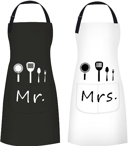 ETLEE Mr. & Mrs. Kochschürze 2er Set - Ideales Hochzeitsgeschenk & Pärchen Geschenke - Küchenschürze mit 2 Taschen für Kochen, Backen, Jahrestag & Verlobung