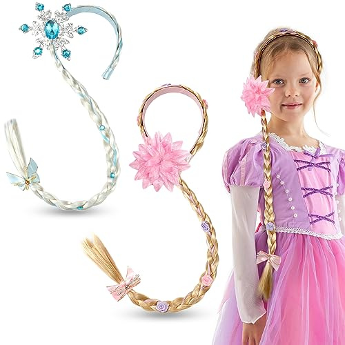 HIFOT 2Pcs Prinzessin Perücke Blond, Elsa Perücke Kinder, Langhaar Perücke Zöpfe für Mädchen, Rapunzel Perücke Mit Blumen Krone für Geburtstag Party Cosplay Kostüm, Blanc Blonde