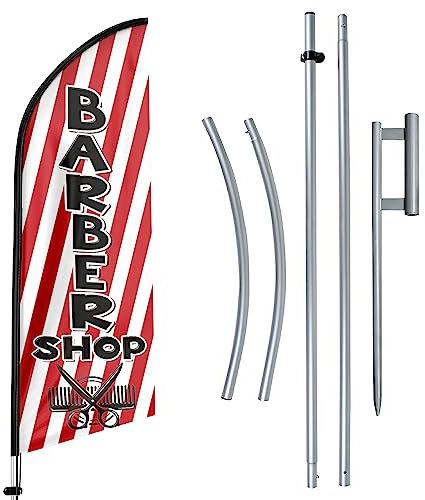 FSFLAG Barber Shop Federflagge mit Fahnenmast und Erdspieß, 3,6 m Friseurladen, windstillschweigendes Flaggenbanner für Werbung im Innen- und Außenbereich