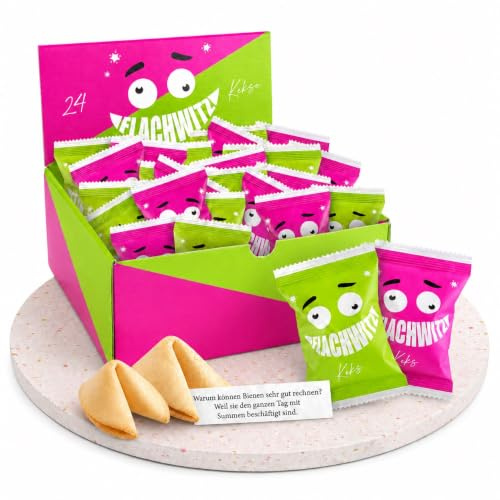 Glückskekse Flachwitze 24er Packung grün und pink | Glückskekse lustige Flachwitze für Kinder und Erwachsene zur Party, Geburtstag, Candybar, Geschenk | Kekse frisch gebacken vegan & made in Germany