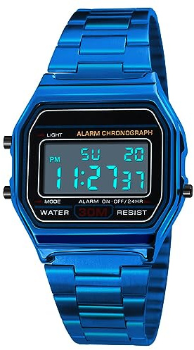 Yuehuamech Montre de sport de luxe pour homme - Étanche - En acier inoxydable - Avec rétroéclairage LED - Horloge numérique - Style décontracté et tendance, bleu, 30m waterproof, Mode