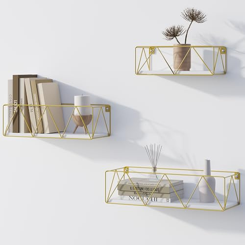 EUGAD Wandregal 3er Set, Regal Wand, Hängeregal, Schweberegal, Regalbrett mit Metallrahmen, Badregal hängend, für Schlafzimmer, Wohnzimmer Küche, aus Holzwerkstoff, Weiß Golden, 0332QJ