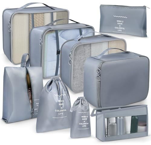 OBSGUMU Koffer Organizer Set, 9 Pcs Packing Cubes für Reisen, Packtaschen für Koffer Reise Kleidertaschen, Verpackungswürfel Mit Kosmetiktasche, Packwürfel for Reiseutensilien(Grau)