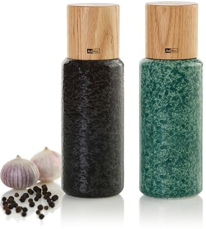 AdHoc MP610 Set aus Salzmühle und Pfeffermühle YARA 18 cm | langlebiges Mahlwerk & edles Gehäuse aus Keramik und Holz | Mahlergebnis fein bis grob | simple Bedienung & modernes Design (Black&Green)