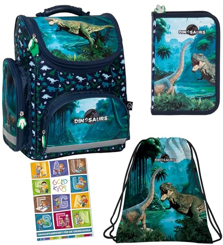 Goldkids - Schulranzen für Jungen und Madchen, 4er-Set - Schul-Rucksack für Kinder mit Federmäppchen - Schuhbeutel und Hausaufgabenheft - Dinosaurier Motiv - 1-3 Klasse