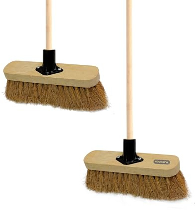 10” Soft Broom Indoor with Wooden Handle Natural Coco Bristles Sweeping Brush Durable Support Bracket Cleaning Any Surface Wooden Floor Decking Paving Slabs (2, [Softer Coco Bristles])