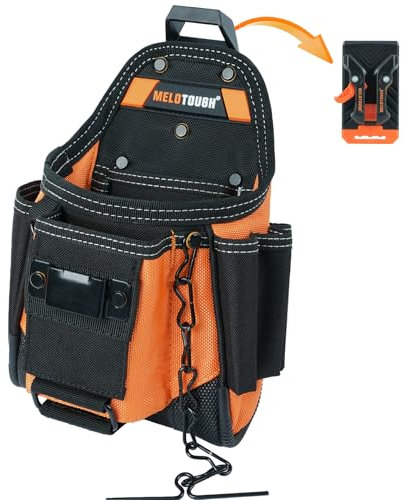 MELOTOUGH Small Electrician Tool Pouch for Tool Belt with Belt Clip Attachment 9 Pockets Tradesman Tool Bag Pouch with Tape Thong Electrician Tool Holster(Orange