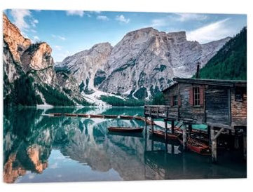 MUHJDYC Leinwandbilder Natur. Berge Bild. Landschaftsbilder auf Leinwand. Holzhaus-Bootssee Modern Wandbilder Wohnzimme Kunstwerk Druck auf Leinwand 80x115cm-31x45in Gewickelte Leinwand