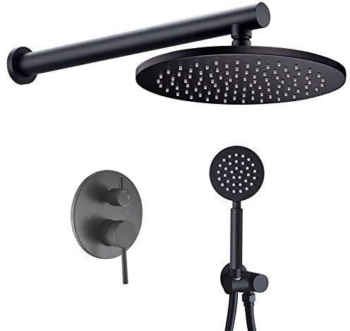 Schwarz Duscharmatur mit Kopfbrause und Handbrause 25 cm für Wandmontage Wasserdurchfluss 6,8 l/min ideal für Badezimmer und Dusche