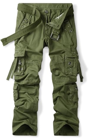 Aeslech - Pantaloni cargo da uomo in cotone, stile casual, larghi, da lavoro, per escursionismo e viaggi, con tasche, vestibilità rilassata e ampia (senza cintura), Verde militare, 50