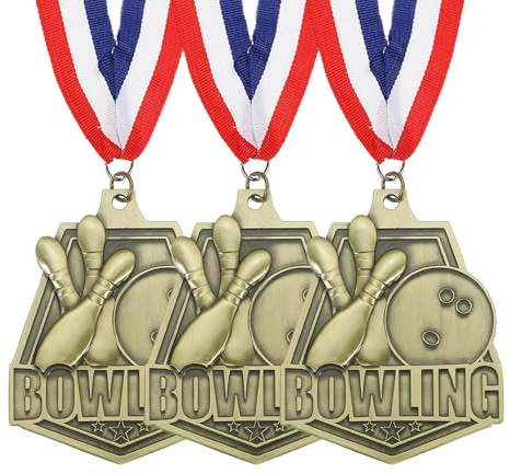 PATIKIL Medaglie d'oro Rilievo per Giochi Bowling con Nastri Rosso & Bianco & Blu Medaglia di Bowling, 3Pz Medaglie per Vincitori, Premi Bronzo, Argento e Oro Competizioni, Oro