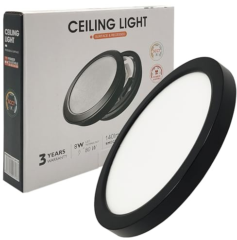 FactorLED Plafón Led de Techo Circular Negro Ø125mm, 8W, 960Lm, Lámpara de Techo Downlight, Superficie o Empotrable, Potencia Regulable, Luz Blanca Seleccionable de 2700K a 6000K