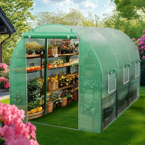 Foliengewächshaus Gewächshaus für Tomaten, mit Gitternetzfolie und Fernster für Garten zur Aufzucht, Schrägdach, Grün, 300 x 200 x 200cm (LxBxH) Mehrweg, UV-beständige Folie Garten