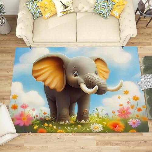 NAWVNMI Waschbarer Teppich Krabbelmatte Babyzimmer Kinder rutschfest Flauschig Teppich Teppich Kinderzimmer Junge Mädchen Kinderteppich, Elefantenbaby - Blume Elefant, 200 x 300 cm