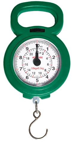 Báscula analógica de 10 kg para equipaje y pesca, fácil de usar, portátil y compacta, báscula con gancho resistente para maletas, pescadores y uso doméstico (verde)