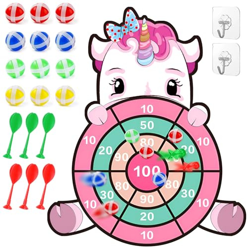 MINISOISO 71cm Unicorno Gioco Bambini con 12 Palline Adesive e 6 Freccette, Bersaglio Pieghevole per Bambini da 4-12 Anni, Giochi per Feste Interni ed Esterni