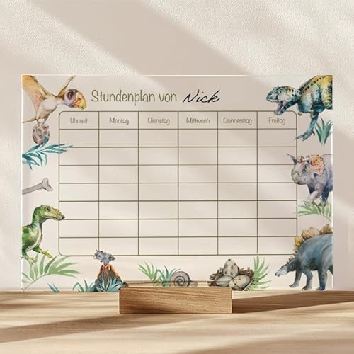 MeinBaby123® Stundenplan aus Acryl abwischbar inkl. Holzhalterung | Einschulung | Schulanfang Geschenk | Wochenplan | Jungs | Stundenplan Dinos