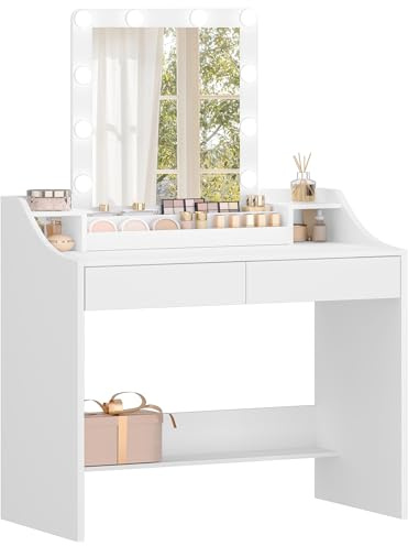 Hzuaneri Dressing Table with Bulb Lights, 90 cm Desktop, 2 Drawers, White