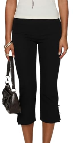 SANSIWU Capri-yogabyxor för kvinnor, hög midja, magkontroll, träning, löpning, yogaleggings, volangbyxor, fitness, leggings, Svart, M