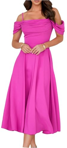 Kleid Damen Sommer Lang Abendkleider A Linie Kleid Hochzeitsgast Kleider Elegant Abschlusskleid Midi Partykleid Schwingen Sommerkleid Frauen Spaghettiträger Cold Shoulder Sommerkleider Leicht