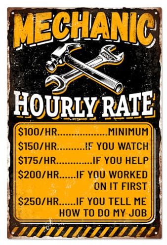 WADORN Cartello In Metallo con Scritta Regali Da Meccanico, Targa In Latta Da 20x30cm, Divertente, Retrò per Meccanica Garage Caverna Dell'Uomo Pub Vintage Poster Da Parete con Tariffa Oraria