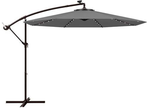 COSTWAY 3M Garden Cantilever Parasol, Outdoor Offset Banana Hanging Umbrella with 32/40 LED Lights and Tilted Design, Sun Shade Canopy for Poolside, Deck & Patio (Grey, with 40 Lights)