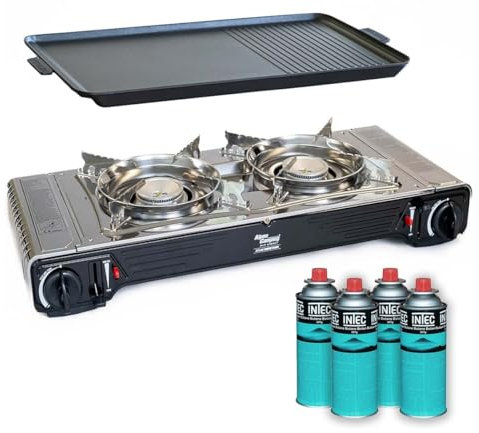 INTEC - Kit Plancha Gaz 2en1 Complet - Réchaud 2 Feux INOX 4400W + Plaque Grill + 4 Cartouches Gaz Butane Intérieur/Extérieur