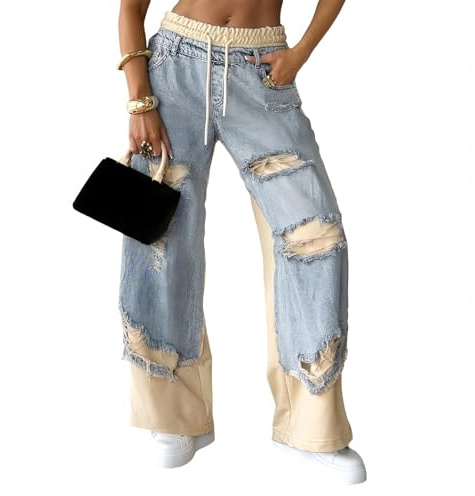 Damen Denim Hose mit Nähten und Ripped Design Sommer Casual Kordelzug Elastische Taille Weites Bein Patchwork Jeans, blau, S